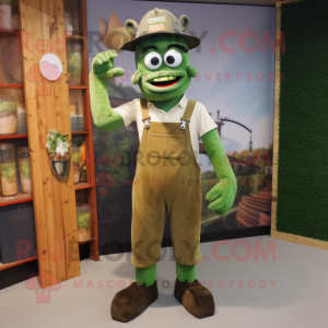 Olive Green Beer mascot costume character dressed with a Dungarees and Bow ties