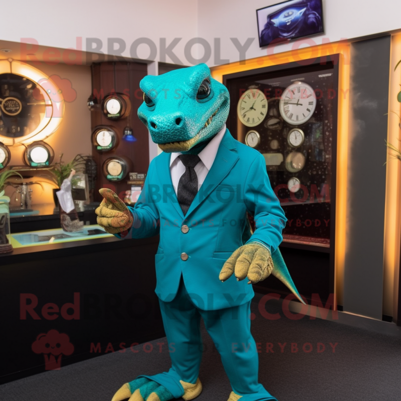 Teal Komodo Dragon mascot costume character dressed with a Suit Jacket and Watches Teal Komodo Dragon mascot costume character dressed with a Suit Jacket and Watches