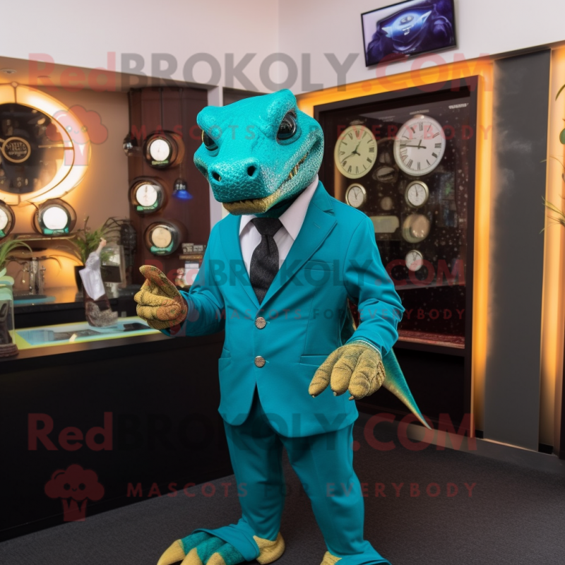 Teal Komodo Dragon mascot costume character dressed with a Suit Jacket and Watches