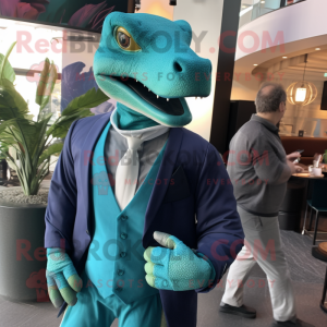 Teal Komodo Dragon mascot costume character dressed with a Suit Jacket and Watches