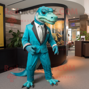 Teal Komodo Dragon mascot costume character dressed with a Suit Jacket and Watches