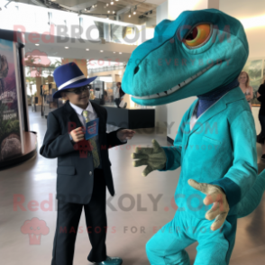 Teal Komodo Dragon mascot costume character dressed with a Suit Jacket and Watches