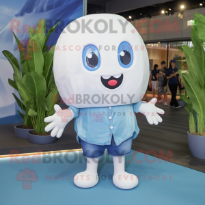 White Jellyfish mascot costume character dressed with a Denim Shorts and Keychains