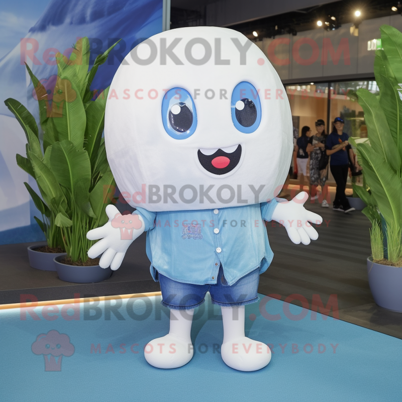 White Jellyfish mascot costume character dressed with a Denim Shorts and Keychains White Jellyfish mascot costume character dressed with a Denim Shorts and Keychains