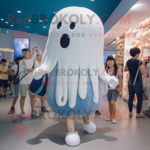 White Jellyfish mascot costume character dressed with a Denim Shorts and Keychains