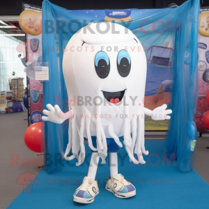 White Jellyfish mascot costume character dressed with a Denim Shorts and Keychains