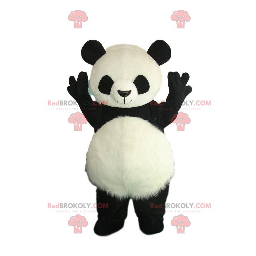 Disfraz de panda blanco y negro con barriga peluda -