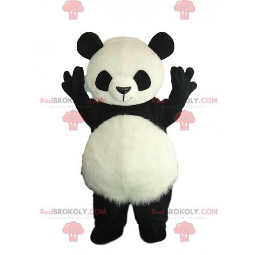 Disfraz de panda blanco y negro con barriga peluda -