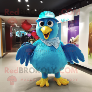 Sky Blue Eagle mascot costume character dressed with a Ball Gown and Berets