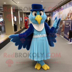 Sky Blue Eagle mascot costume character dressed with a Ball Gown and Berets