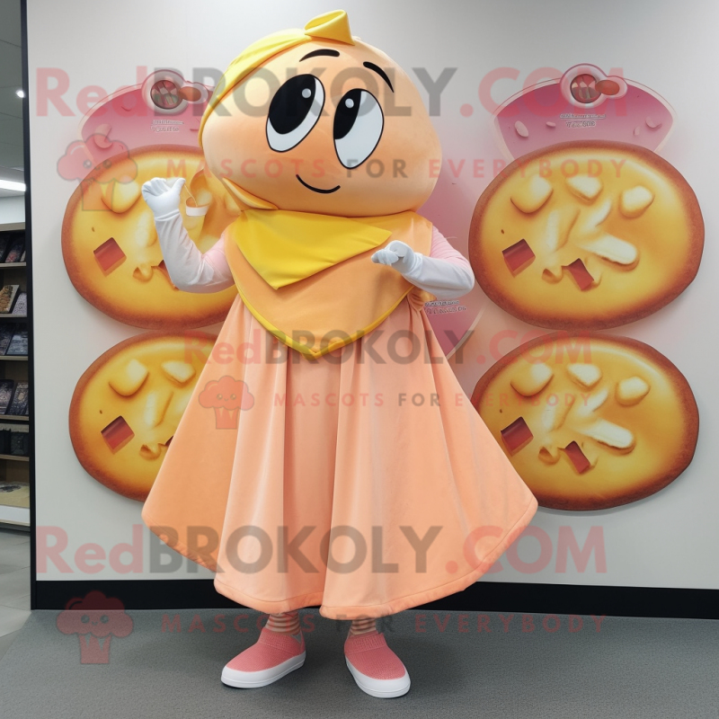 Peach Bagels mascot costume character dressed with a Wrap Dress and Coin purses Peach Bagels mascot costume character dressed with a Wrap Dress and Coin purses