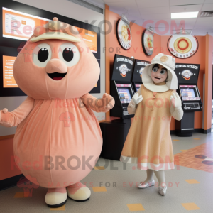Peach Bagels mascot costume character dressed with a Wrap Dress and Coin purses