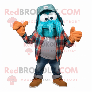 Teal Hermit Crab mascot costume character dressed with a Flannel Shirt and Pocket squares