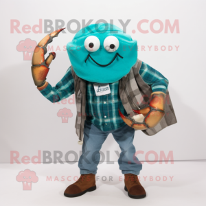 Teal Hermit Crab mascot costume character dressed with a Flannel Shirt and Pocket squares