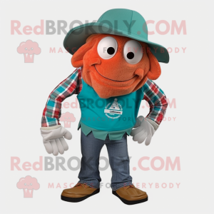 Teal Hermit Crab mascot costume character dressed with a Flannel Shirt and Pocket squares