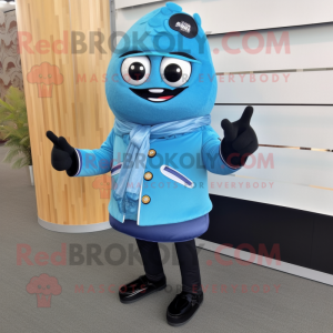 Sky Blue Sushi mascot costume character dressed with a Leather Jacket and Bracelet watches