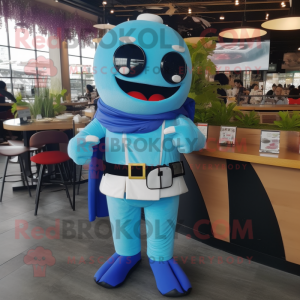 Sky Blue Sushi mascot costume character dressed with a Leather Jacket and Bracelet watches