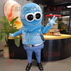 Sky Blue Sushi mascot costume character dressed with a Leather Jacket and Bracelet watches