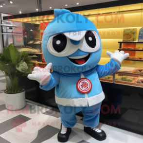 Sky Blue Sushi mascot costume character dressed with a Leather Jacket and Bracelet watches