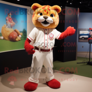 Red Cat mascot costume character dressed with a Baseball Tee and Earrings