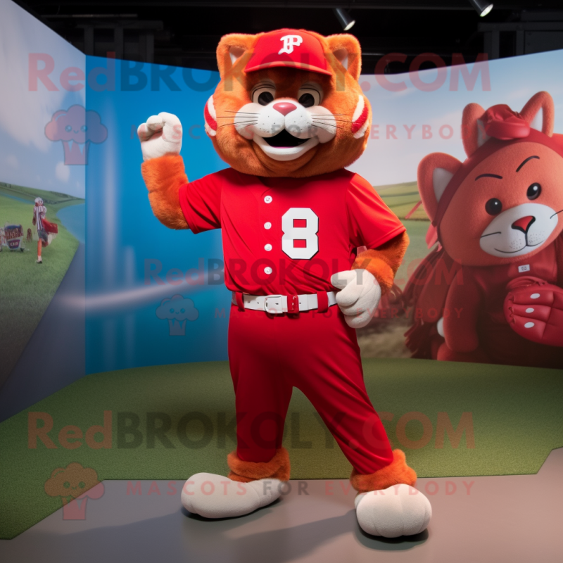 Red Cat mascot costume character dressed with a Baseball Tee and Earrings