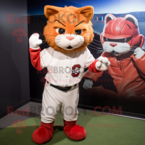 Red Cat mascot costume character dressed with a Baseball Tee and Earrings