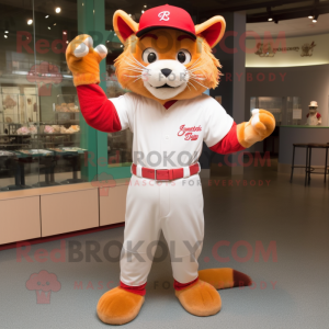 Red Cat mascot costume character dressed with a Baseball Tee and Earrings