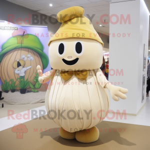 Beige Turnip mascot costume character dressed with a Circle Skirt and Berets