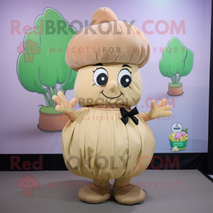 Beige Turnip mascot costume character dressed with a Circle Skirt and Berets