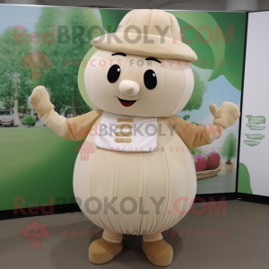 Beige Turnip mascot costume character dressed with a Circle Skirt and Berets