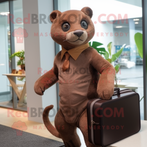 Brown Jaguarundi mascot costume character dressed with a Bodysuit and Briefcases