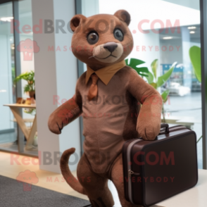 Brown Jaguarundi mascot costume character dressed with a Bodysuit and Briefcases