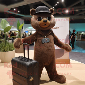 Brown Jaguarundi mascot costume character dressed with a Bodysuit and Briefcases