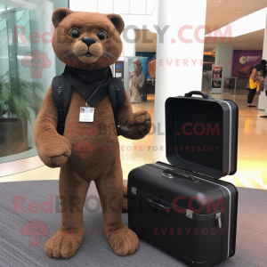 Brown Jaguarundi mascot costume character dressed with a Bodysuit and Briefcases