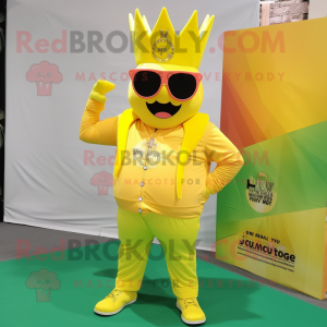 Lemon Yellow King mascot costume character dressed with a Cargo Pants and Sunglasses