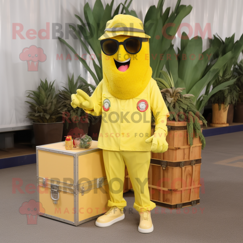 Lemon Yellow King mascot costume character dressed with a Cargo Pants and Sunglasses Lemon Yellow King mascot costume character dressed with a Cargo Pants and Sunglasses