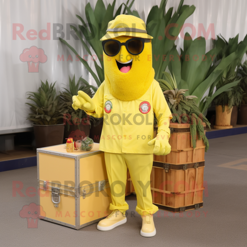 Lemon Yellow King mascot costume character dressed with a Cargo Pants and Sunglasses