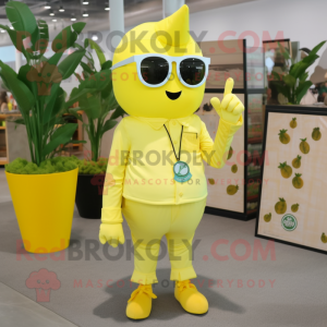 Lemon Yellow King mascot costume character dressed with a Cargo Pants and Sunglasses
