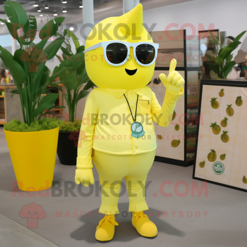Lemon Yellow King mascot costume character dressed with a Cargo Pants and Sunglasses