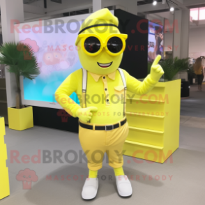 Lemon Yellow King mascot costume character dressed with a Cargo Pants and Sunglasses