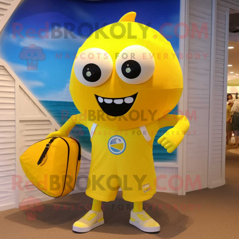 Yellow Basketball Ball mascot costume character dressed with a Swimwear and Messenger bags