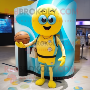 Yellow Basketball Ball mascot costume character dressed with a Swimwear and Messenger bags