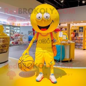 Yellow Basketball Ball mascot costume character dressed with a Swimwear and Messenger bags