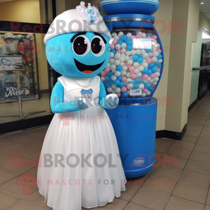 Blue Gumball Machine mascot costume character dressed with a Wedding Dress and Headbands