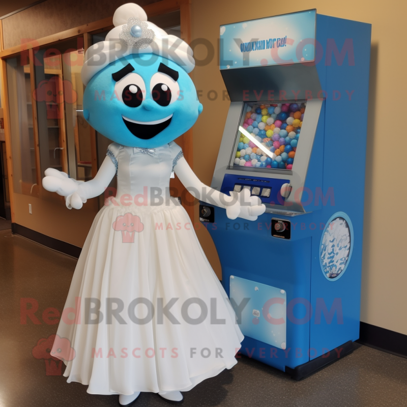 Blue Gumball Machine mascot costume character dressed with a Wedding Dress and Headbands