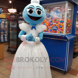 Blue Gumball Machine mascot costume character dressed with a Wedding Dress and Headbands