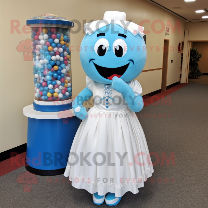 Blue Gumball Machine mascot costume character dressed with a Wedding Dress and Headbands