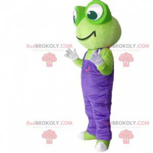 Mascotte de grenouille verte avec une salopette violette -