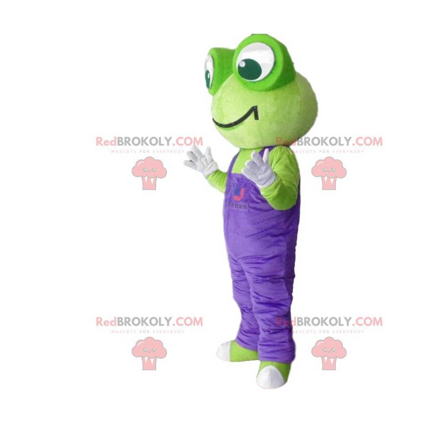 Mascotte de grenouille verte avec une salopette violette -