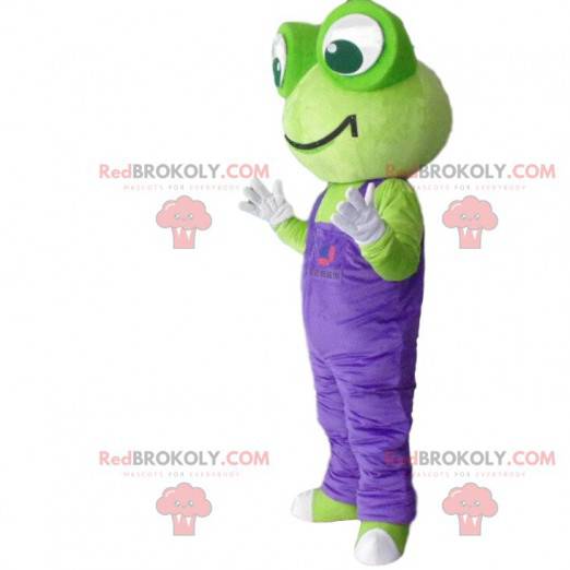 Maskotka zielona żaba z fioletowymi kombinezonami -